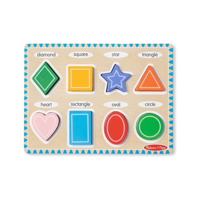 Melissa & Doug Shapes Wooden Chunky Puzzle (8 pcs) - FSC Certified showing eight chunky wooden shapes in bright colors—green diamond, yellow square, blue star, orange triangle, pink heart, blue rectangle, red oval, and green circle—each labeled on a natural wood board with a blue scalloped border, ideal for developing fine motor and visual perception skills.