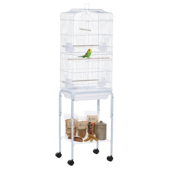 PawHut Balançoire Perchoir de Maison de Jeu pour Cockatiel avec Grande Cage à Oiseaux Roulante de 62 Pouces, Blanc