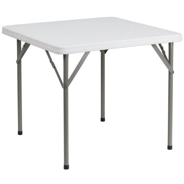 Bowery Hill Square Granite Folding Table in White featuring a 1.75-inch thick granite white plastic tabletop with a durable, waterproof, impact, and stain-resistant surface. The table includes gray powder-coated folding legs with non-marring foot caps for stability and floor protection. Designed for indoor and outdoor use, it accommodates up to 4 adults and has a 220 lb static load capacity. The table measures 34.25 inches wide, 34.25 inches deep, and 29.5 inches high, making it suitable for banquet halls, conference centers, or home use.