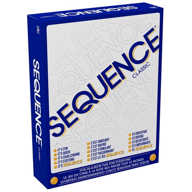 JAX Sequence Board Game classic edition box with blue and white design featuring SEQUENCE in large letters. The board game is described as fun, quick, challenging, and exciting in English, French, and Spanish, highlighting its five-in-a-row gameplay suitable for all ages.