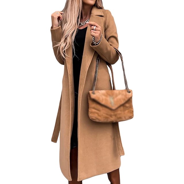 LinYooLi Trench Coats for Women Casual Lapel Long Solid Color Wrap Coat Wool Blend Overcoat Shacket Jacket