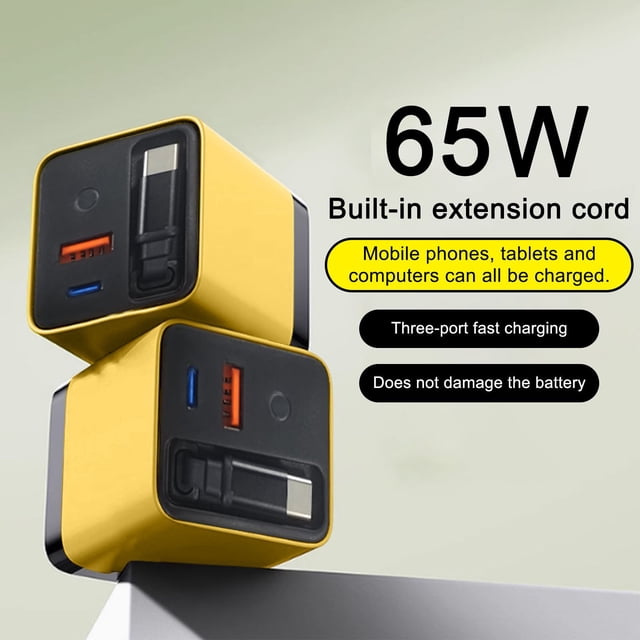 65W Retractable Wall Charger with USB-C Cable and 2 USB Ports for Fast Charging Phones, Laptops, and Tablets