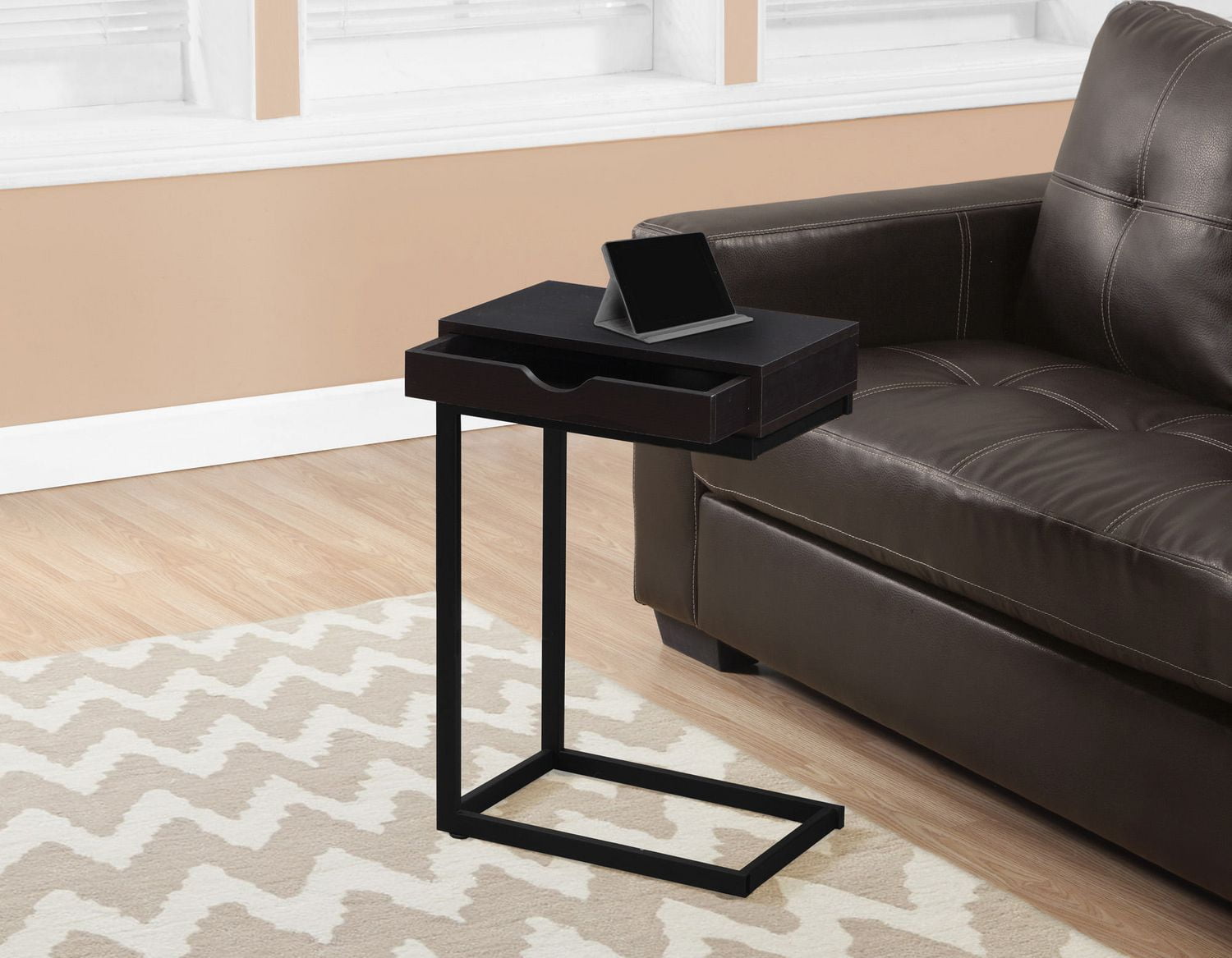 Monarch Specialties Table D'appoint, En Forme De C, Bout, Côté, Collation, Tiroir De Rangement, Salon, Chambre À Coucher, Métal, Stratifié, Brun, Noir, Contemporain, Moderne