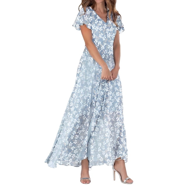 WTXUE Robes d'Été pour Femmes 2024, Robe d'Été Décontractée à la Mode pour Femmes à Fleurs, Col en V, Manches Courtes, Longue, Col en V, Manches Courtes, Patte, Robe de Loisirs, Violet