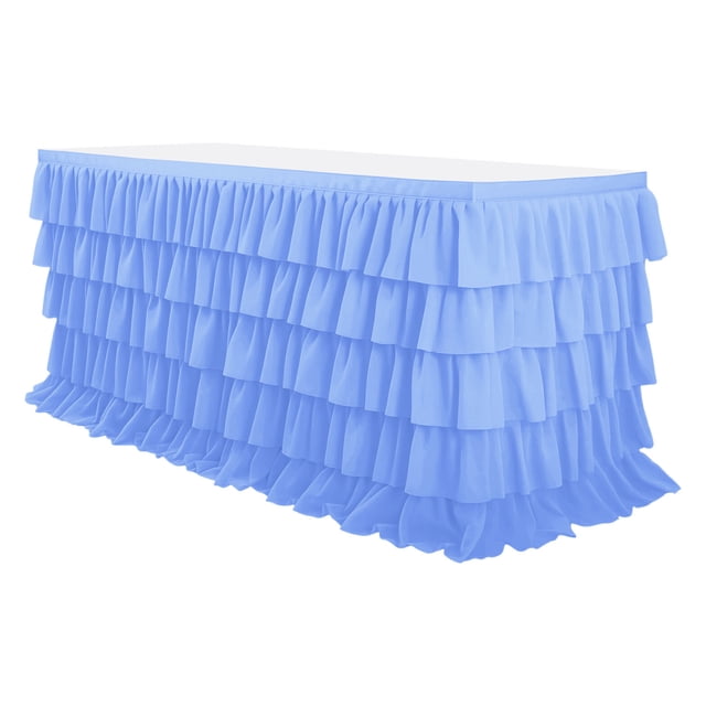 RKSTN 9FT Blue Tulle Desk Skirt for Rectangle&Round Tables, Wrinkle Resistant Pleated Ruffle Table Cloth, White Tutu Ruffle Table Skirt for Cake Dessert Buffet Banquet Dinner Table Decorations