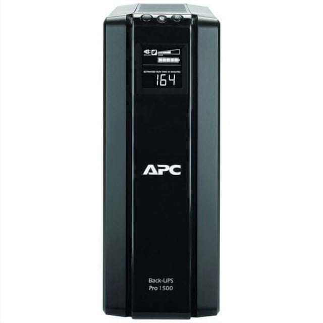 APC Pro 1500 Power Saving Back UPS in a vertical black tower with a digital LCD showing battery charge and 164 minutes runtime, featuring surge protection, automatic voltage regulation, and the APC logo on the front, ideal for protecting computers and peripherals during power outages.