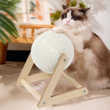 Sisal Cats Scratching Ball with Rotating Wheel | Natural Wood Climbing Frame Toy | Anti-Tip Design for Kittens & Adult Cats | Beige Color | 18x18x12cm