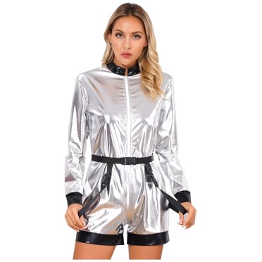 CHICTRY Women's Astronaut Costume Metallic Space Suit Romper Halloween Alien Cosplay Outfits Silver 3XL
