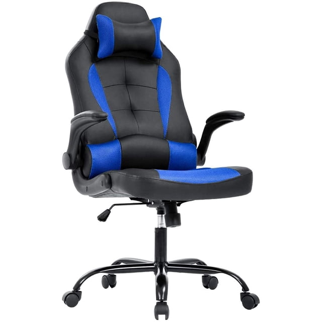 BestOffice Gaming Chair, Lumbar Support Flip Up Arms Headrest PU Leather Swivel Rolling Adjustable High Back Racing for Women Men Adults, Blue. The chair features a black and blue PU leather upholstery with ergonomic lumbar support, a padded headrest, and flip-up armrests. It includes a swivel base with rolling casters and adjustable height for customizable comfort. Designed for gaming or office use, it offers a wider seat and locking backrest for added support.