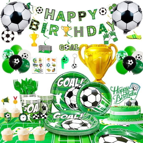 Décorations de Fête de Soccer, 181 Pcs Décorations de Fête d'Anniversaire à Thème Soccer - Assiettes Vertes Nappe Bannière Ballons Décoration de Gâteau pour Fournitures de Fête