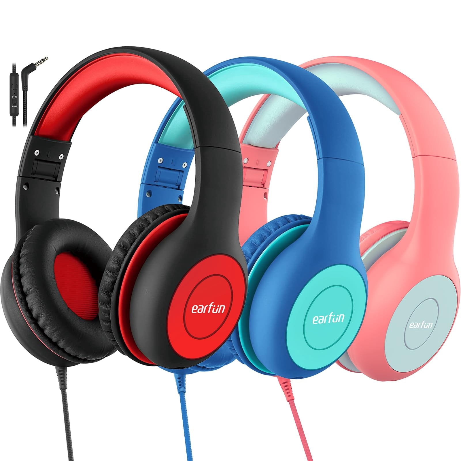 EarFun 3Packs Kids Headphones Wired with Microphone, 85/94dB Volume Limit Headphones for Kids, Portable Wired Headphone with Shareport, Stereo Sound Folda