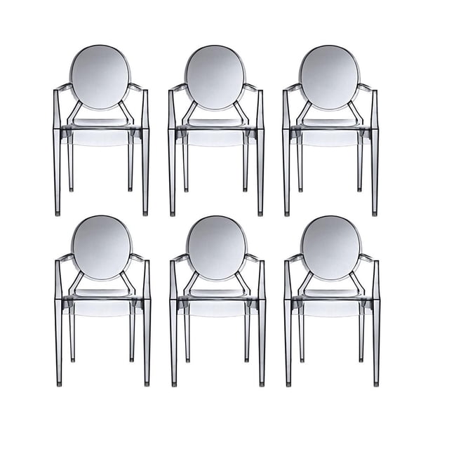 Heavenly Collection Plastic Arm Chair for Dining Area set of six clear polycarbonate dining chairs with King Louis-style rounded backs and armrests, blending modern transparent design with classic elegance for kitchen and dining seating.