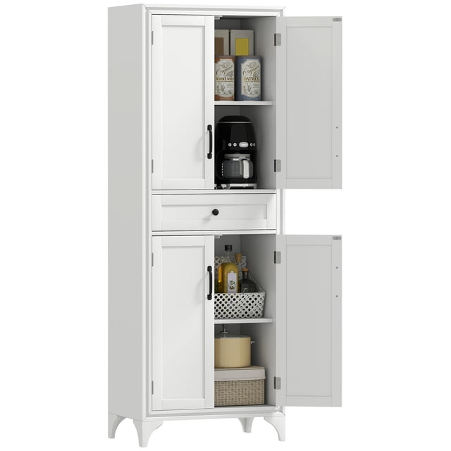 HOMCOM Armoire de Rangement de Garde-Manger de Cuisine 67 Pouces avec Portes et Tablettes en Matériau MDF Blanc. Conçue pour le Rangement de Cuisine, Elle Comprend Deux Armoires de Style Shaker, un Tiroir central et des Tablettes Ajustables pour une Organisation Personnalisable. base Surélevée et Sangle Anti-Basculement Assurent la Stabilité et un Nettoyage Facile. Idéale comme Armoire de Garde-Manger pour Ranger les Aliments, les Électroménagers et les Essentiels de Cuisine.
