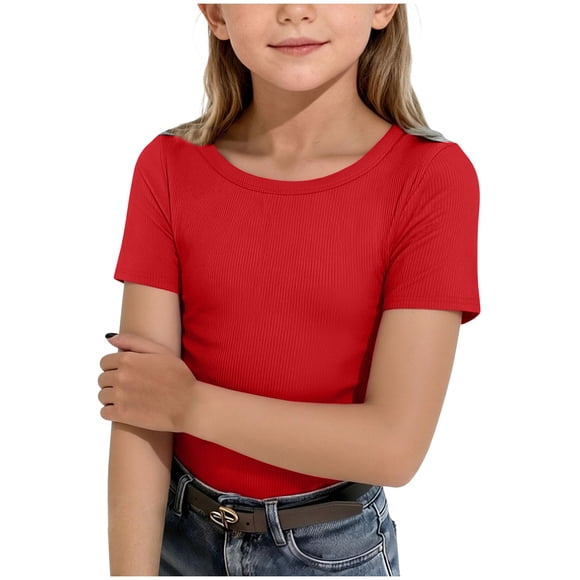 Wxirdiow Teen Clothes for Girls Short Sleeve Crop Tops Kids Fashion Athletic Crew Neck Cropped T Shirts Casual Basic Tees Red Size,9-10 Years