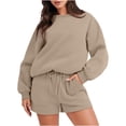 thumbnail image 1 of Ensemble de Survêtement pour Femmes avec Shorts, Tenue 2 Pcs pour l'Automne, Chandails à Manches Longues Décontractés Surdimensionnés à Col Ras du Cou, Shorts à Taille Élastique, Ensembles Assortis Kaki, 1 of 7
