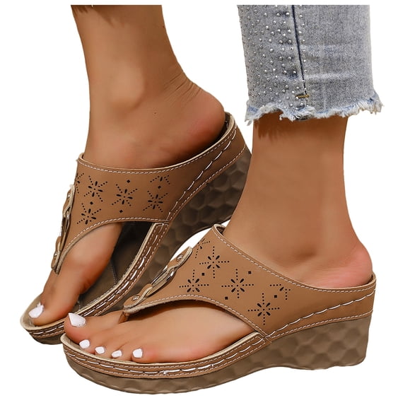 Women's Wedge Sandals Lightweight Platform Cut Out Casual Floral Flip Flops Breathable Open Toe Tong Sandal Brown Size 6.5