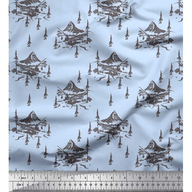 Soimoi Blue Rayon Fabric Cedar Tree & Mountain Nature Printed Fabric 1 Yard 42 Inch Wide