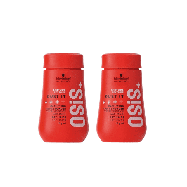 Schwarzkopf Osis Dust It Strong Hold Matte Volume Hair Powder 10g, a 2-pack of red bottles with bold white text and branding. Ideal for hair styling, adding texture, volume, and a matte finish to dry hair.