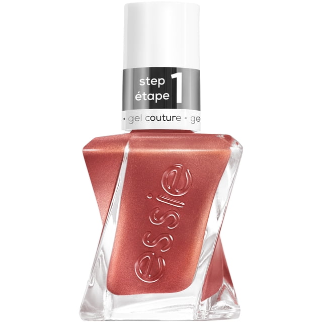 gel couture by essie gel-like longwear nail polish in metallic rose copper shade with a twisted clear glass bottle and white cap labeled step 1, offering up to 15 days of gel-like wear without UV light, featuring an 8-free vegan formula suitable for durable, long-lasting nail care