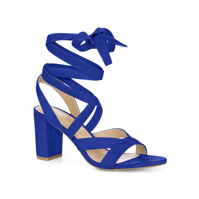 BLISSFUL STEP Women's Open Toe Crisscross Lace Up Block Heel Sandals Navy Blue 9