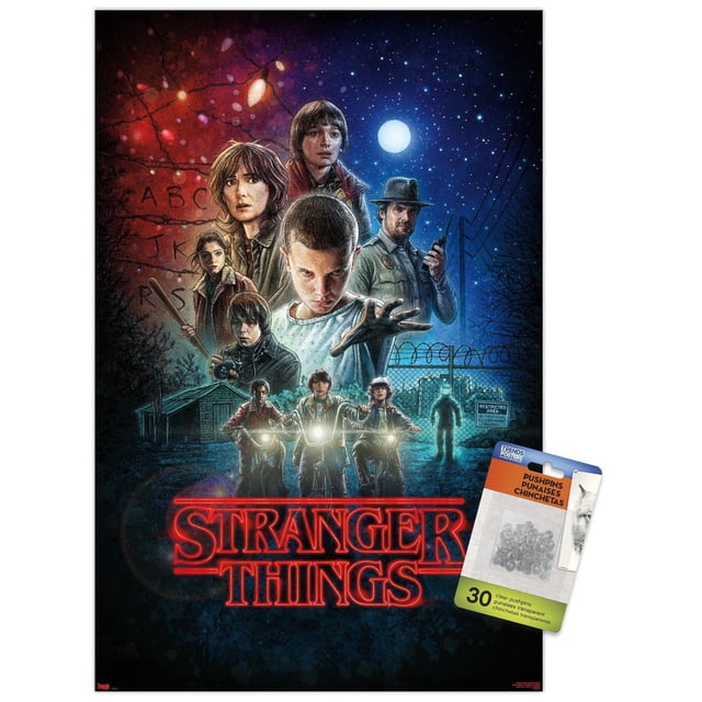 Netflix Stranger Things - One Sheet Wall Poster, 22.375" x 34", depicting a night scene with a full moon and starry sky. The poster features five children riding bicycles with headlights on, a sheriff holding a walkie-talkie, and a large figure reaching forward near a barbed wire fence and restricted area sign. The red Stranger Things logo is displayed at the bottom. Printed on glossy paper, this wall poster includes clear adhesive pushpins for easy hanging and is ideal for decorating bedrooms, offices, or dorm rooms.