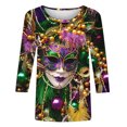 thumbnail image 3 of DDAPJ pyju T-Shirts de Mardi Gras pour Femmes 2025 Tenue de Fête à Thème Carnaval Masque Graphique Manches 3/4 Col Ras du Cou Blouse Haut en Solde Multicolore TTG, 3 of 5