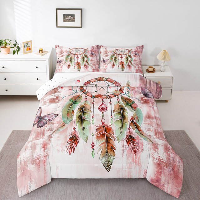 Ensemble de Douillette Très Grand Attrape-Rêves Bohème pour Filles Femmes, Ensemble de Literie Très Grand Ombré Rouge, Ensembles de Douillette de Literie Boho à Plumes Dégradées Chic, Ensemble de Housse de Couette Papillon, Douillette Matelassée Esthétique Abstraite