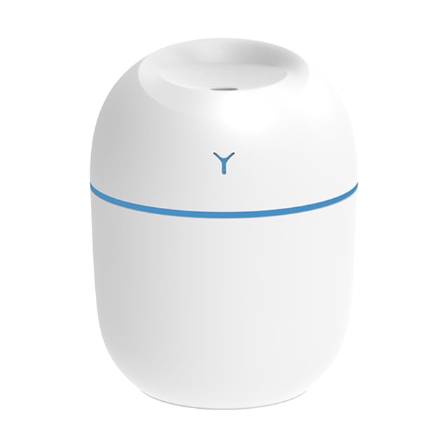 Labymos 220mL Mist Humidifier with Night Light, a compact and portable ultrasonic humidifier in white with a sleek rounded design and a blue LED accent line. Features two spray modes (continuous and intermittent), nano-spray technology for fine mist, and a waterless auto-off function after 6 hours. Ideal for home, travel, office, or bedroom use.