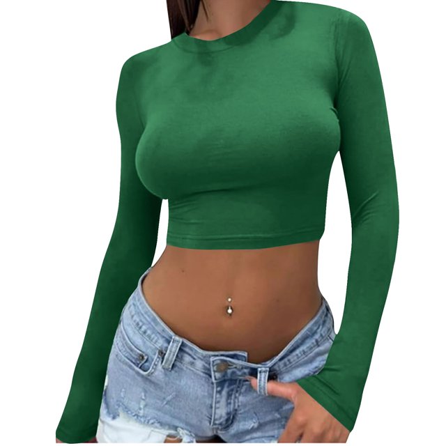 Yuyuzo Hauts de Sortie pour Femmes Chandails à Manches Longues Col Rond Crop Top Décontracté Ajusté T-Shirts Basiques