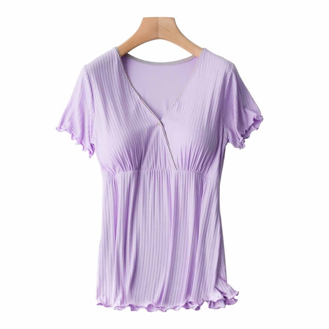 LSLJS Hauts de Maternité pour Femmes à Manches Courtes, Col en V, Chemises de Grossesse, Blouse d'Allaitement, Hauts de Maternité ( TTTG, Violet )