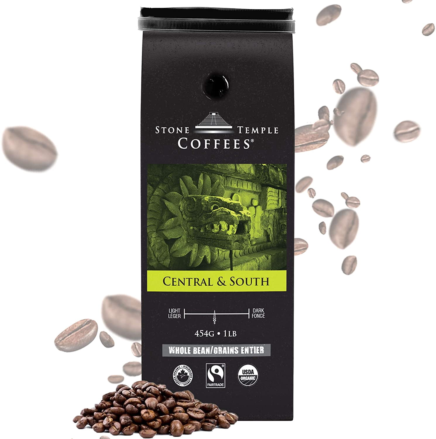 Stone Temple Coffees - Central & South, Whole Bean, Medium Roast, Certified USDA & COR Organic and Fair Trade, 100% Arabica Grade A, 1lb/454g Bag