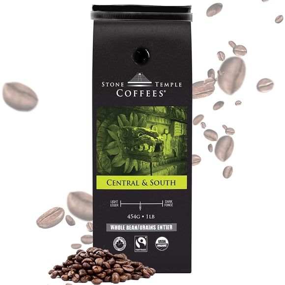 Stone Temple Coffees - Central & South, Whole Bean, Medium Roast, Certified USDA & COR Organic and Fair Trade, 100% Arabica Grade A, 1lb/454g Bag