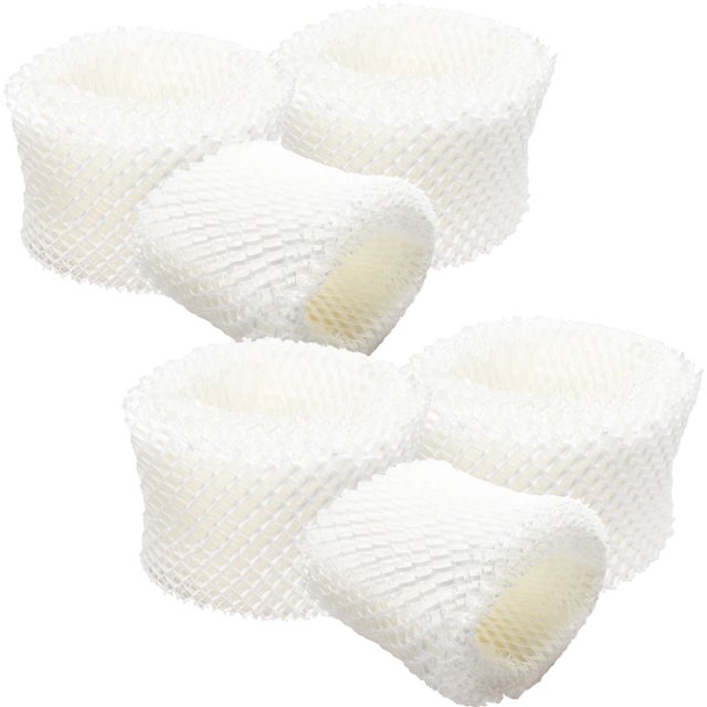 6-Pack Replacement Honeywell HAC-504 Humidifier Filter compatible with Honeywell HAC-504 and HAC-504AW air filters. Each filter measures approximately 5 inches high, 4 1/4 inches inner diameter, 6 1/2 inches outer diameter, and 1 inch thick. The filters feature a white mesh design and are shown in a grouped arrangement. Suitable for maintaining air quality in humidifiers and often used for improving moisture levels in dry environments.