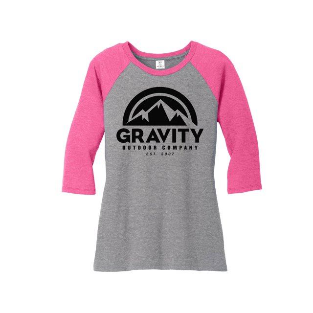 Womens Gravity Outdoor Co. 3/4-Sleeve Raglan Shirt - Black Logo - Fuchsia/Grey - M
