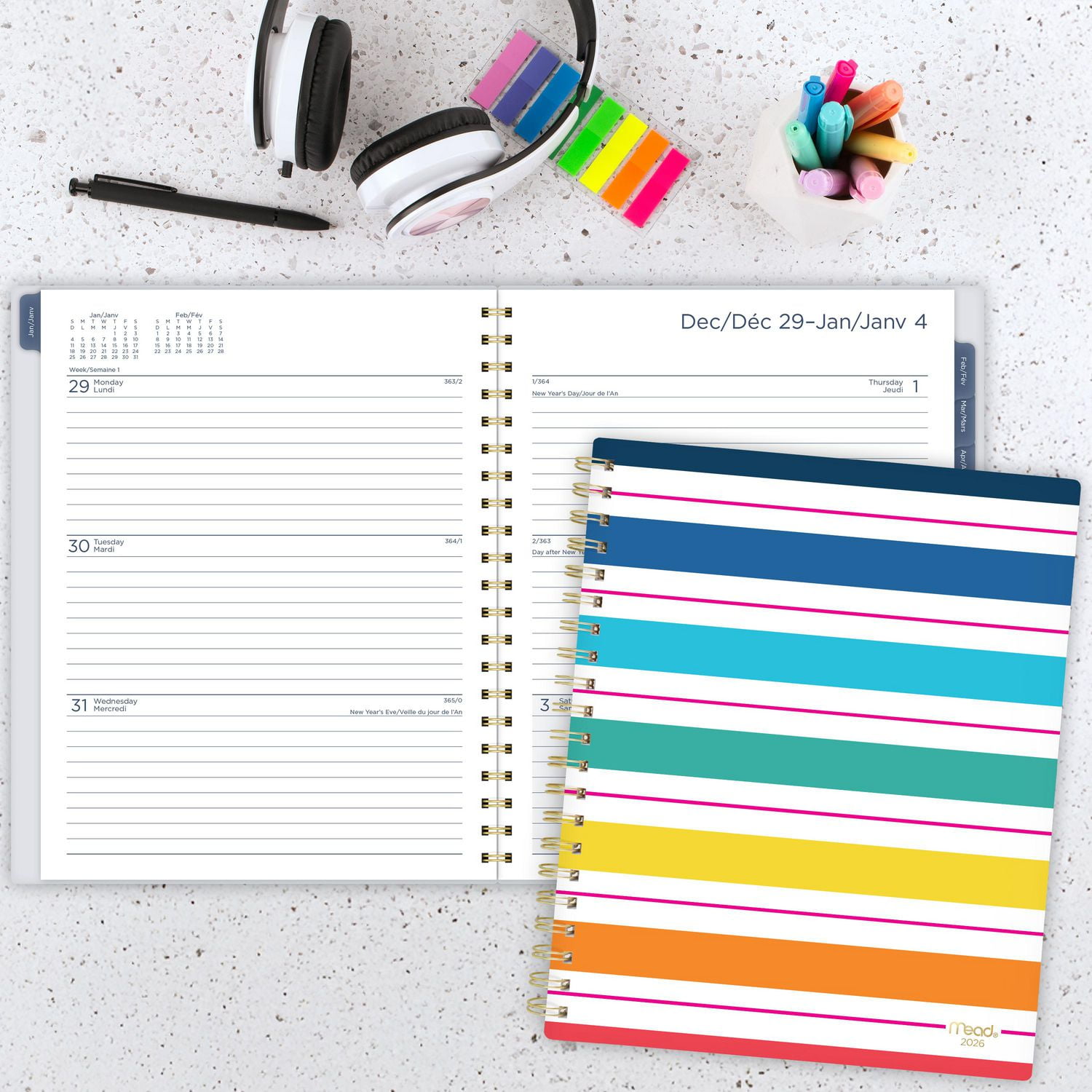 Agenda hebdomadaire Mead® Simplicity Stripe 2026, grand format, couverture transparente en polyéthylène