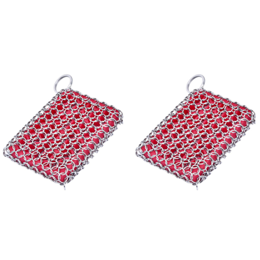 2X Cast Iron Skillet Cleaner,316 Stainless Steel Chainmail Cleaning Scrubber Silicone Scrubber,(Red)