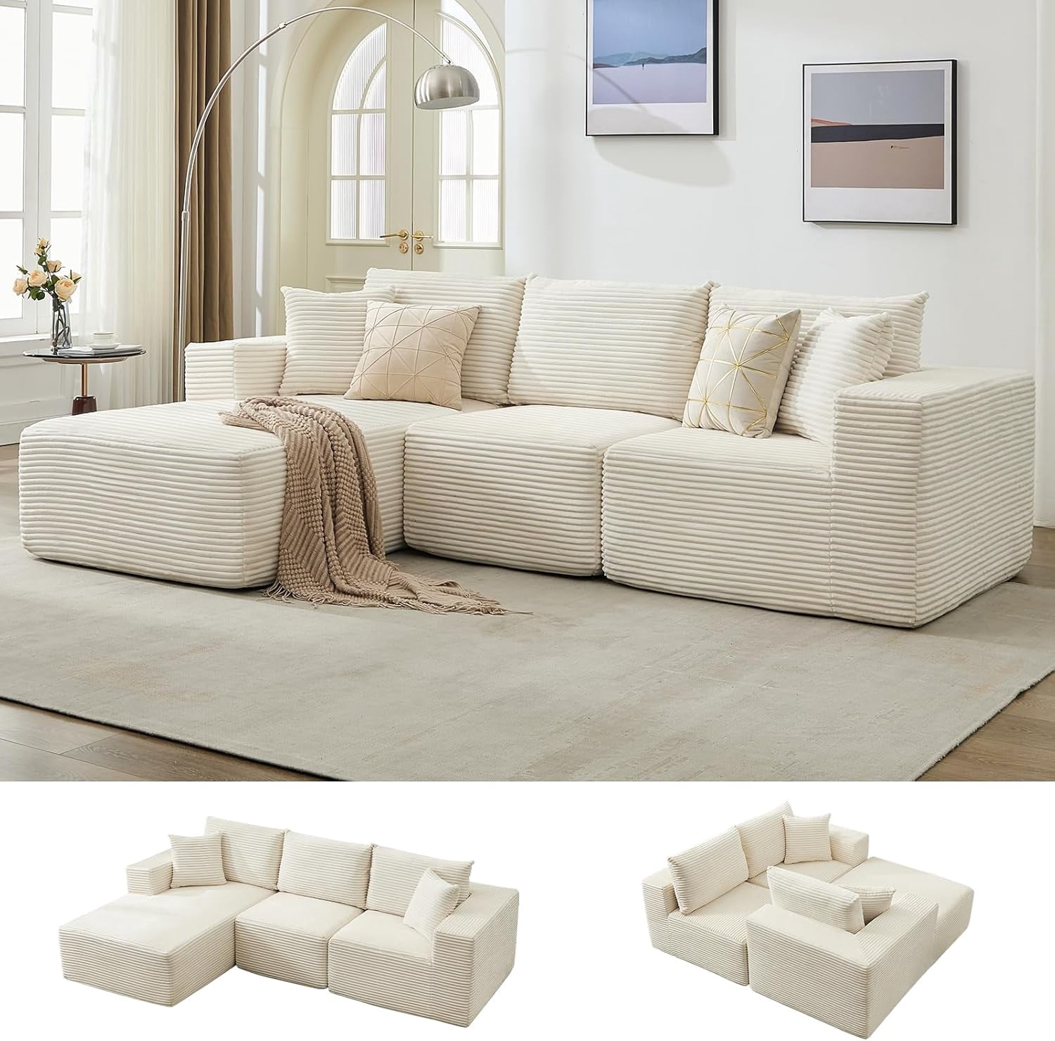 108 in Modular Sectional Sofa, Corduroy L-Shaped Sofa with Deep Seat & Throw Pillows, No Assembly, Comfy Cloud 3-Seater Couch with Chaise, Memory Foam Couch for Living Room, Beige