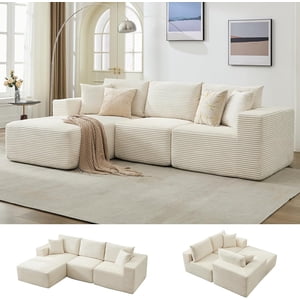 108 dans Canapé Sectionnel Modulaire, Canapé Corduroy L-Shaped avec Siège Deep & Oreillers à jet, sans assemblage, nuage confortable 3-Seater Couch avec Chaise, Memory Mousse Couch pour le salon, Beige