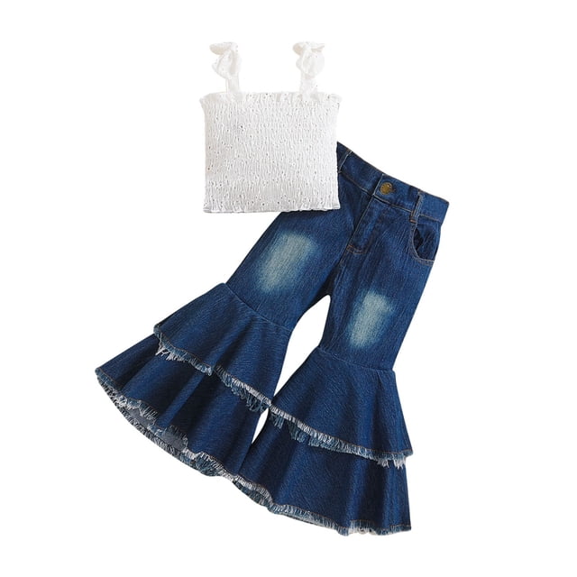 Plebaso Baby Girls Two-Piece Sets Sleeveless Round Neck Tops Flared Denim Pants Kids Summer Clothes