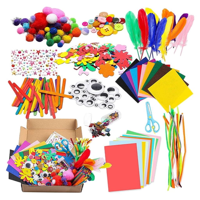1Set Crafts Supplies Supply Supplies DIY Activities featuring colorful craft materials such as pom-poms, buttons, feathers, foam shapes, googly eyes, pipe cleaners, craft sticks, scissors, and vibrant paper sheets. Perfect for kids' DIY craft kits, arts and crafts projects, and creative activities.
