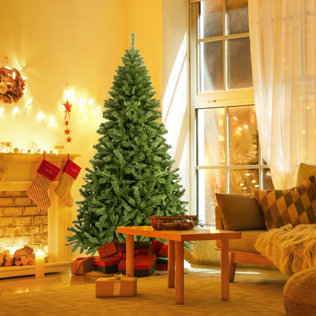 Gymax 7.5 ft Unlit Artificial Christmas Tree Hinged Spruce Xmas Tree w/ Metal Stand