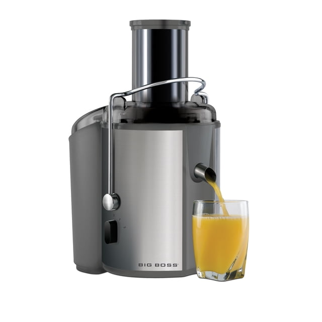 Big Boss 700 Watts 18,000 RPM Stainless Steel Multi Speed Juicer front-facing stainless steel centrifugal juicer with extra-large 3-inch feeder tube, locking lid tabs, stainless steel blade and super-fine mesh filter, large pulp collector and dishwasher-safe removable parts; makes juices, sauces, sorbet and baby food and is often used to prep cocktail mixes.