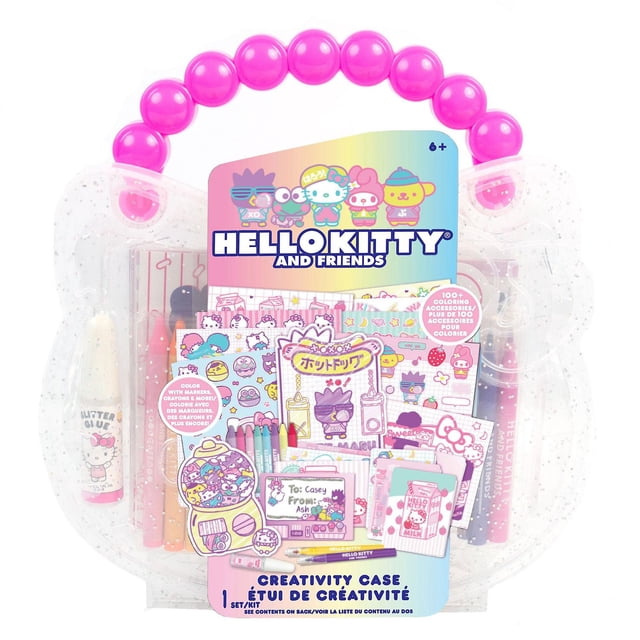 Hello Kitty and Friends Creativity Case with a clear Hello Kitty-shaped carry case and pink beaded handle, including over 100 coloring accessories like crayons, mini markers, die-cut shapes, scratch and color sheets, mini notecards, envelopes, and glitter glue, perfect as a kids craft kit for creative arts and crafts on the go for ages 6 and up.