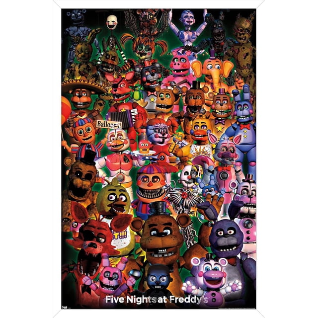 Five Nights at Freddy's - Affiche Murale de Groupe Ultime, 22,375 Po x 34 Po Mettant en Vedette un Groupe de Personnages Animatroniques Colorés de la Série de Jeux avec des designs Mécaniques Détaillés et Caricaturaux sur un Fond Vert Foncé. l'Affiche Encadrée Convient aux Chambres, Bureaux et Salles de Jeux, et Est Souvent Utilisée pour Décorer des Fêtes à Thème Ou Offerte comme Cadeau de Collection.