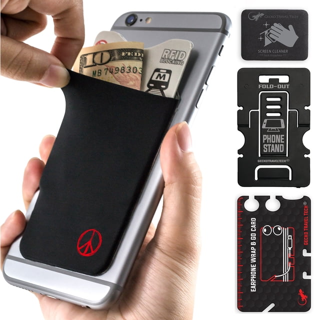 Gecko Travel Tech Phone Wallet - Stick On Card Holder Wallet for Cell Phones - Adhesive Card Pocket - PEACE