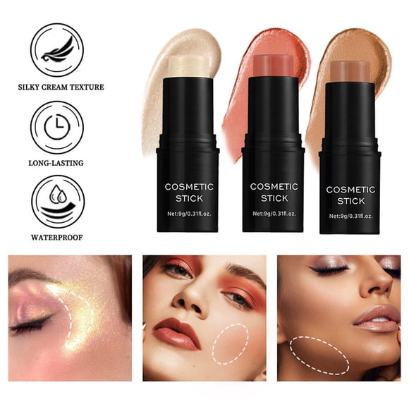 3-Piece Face Contour Stick Set - Highlighter, Blush & Bronzer Trio - 9g Each (0.31oz) - Creamy, Blendable Makeup Sticks for Cheeks, Nose & Brow - Travel-Friendly 8.4x2.9x6.5cm - 88.4g Total Weight