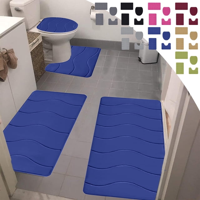 Viflosae 4 PCS Memory Foam Bathroom Rugs Bath Mat Set with reticulate grain design in blue. Includes four pieces: a toilet mat, a bath mat, and two floor mats. Made of velvet fleece with memory foam backing for soft texture and water absorption. Features non-slip rubber dots for safety. Machine washable and quick-drying, ideal for kids' bathrooms.