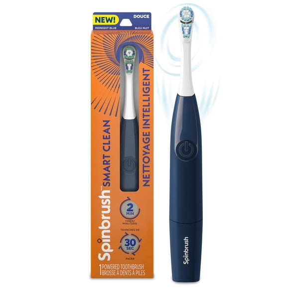 Spinbrush Smart Clean Battery Powered Electric Toothbrush for Adults with Dual Action Head, Pacer & Timer, Midnight Blue, Soft Bristles