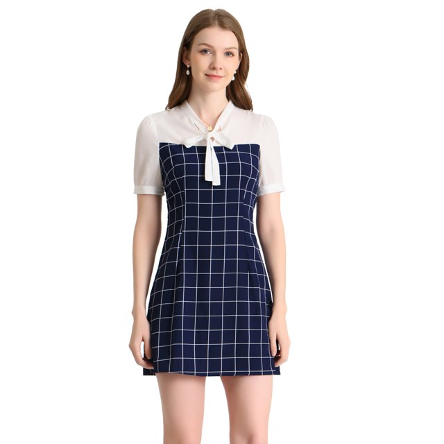 INSPIRE CHIC Robe à Carreaux pour Femmes Col Noué Contraste Panneau Manches Courtes Bleu Foncé S