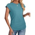 thumbnail image 1 of T-shirts d'Été pour Femmes Froncés à Manches Courtes Style Cap, T-Shirts à Col Rond, Mode Bleu Paon TTG, 1 of 7